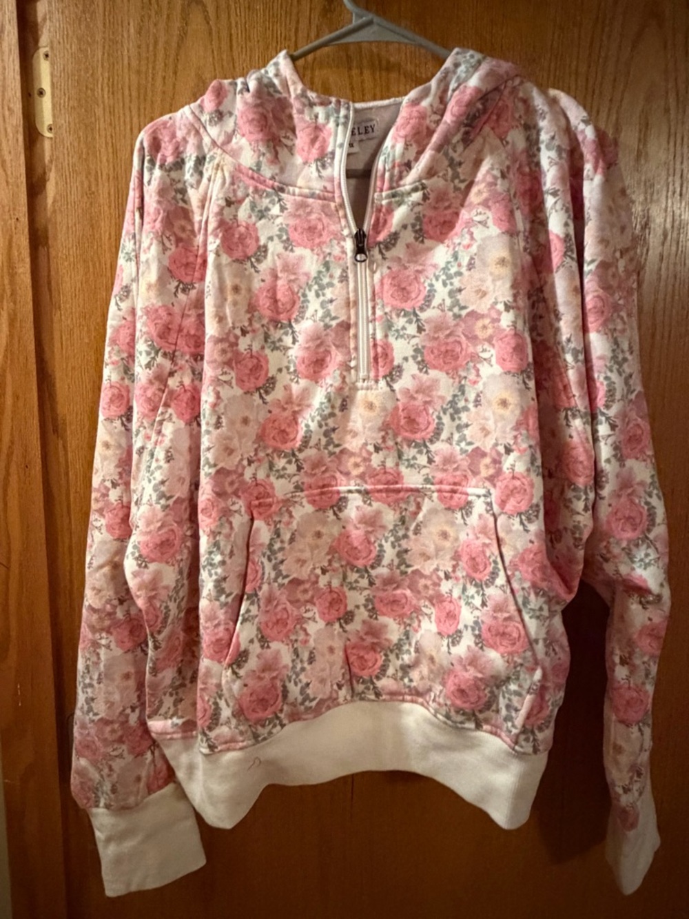Half-Zip Floral Hoodie Sweatshirt - Pink Roses